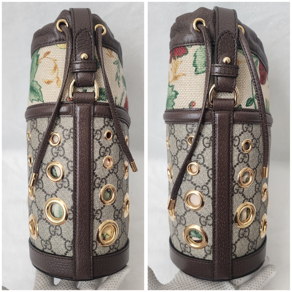 Auth RARE Gucci GG Floral Canvas Leather Bucket Crossbody Bag - Picture 9 of 9